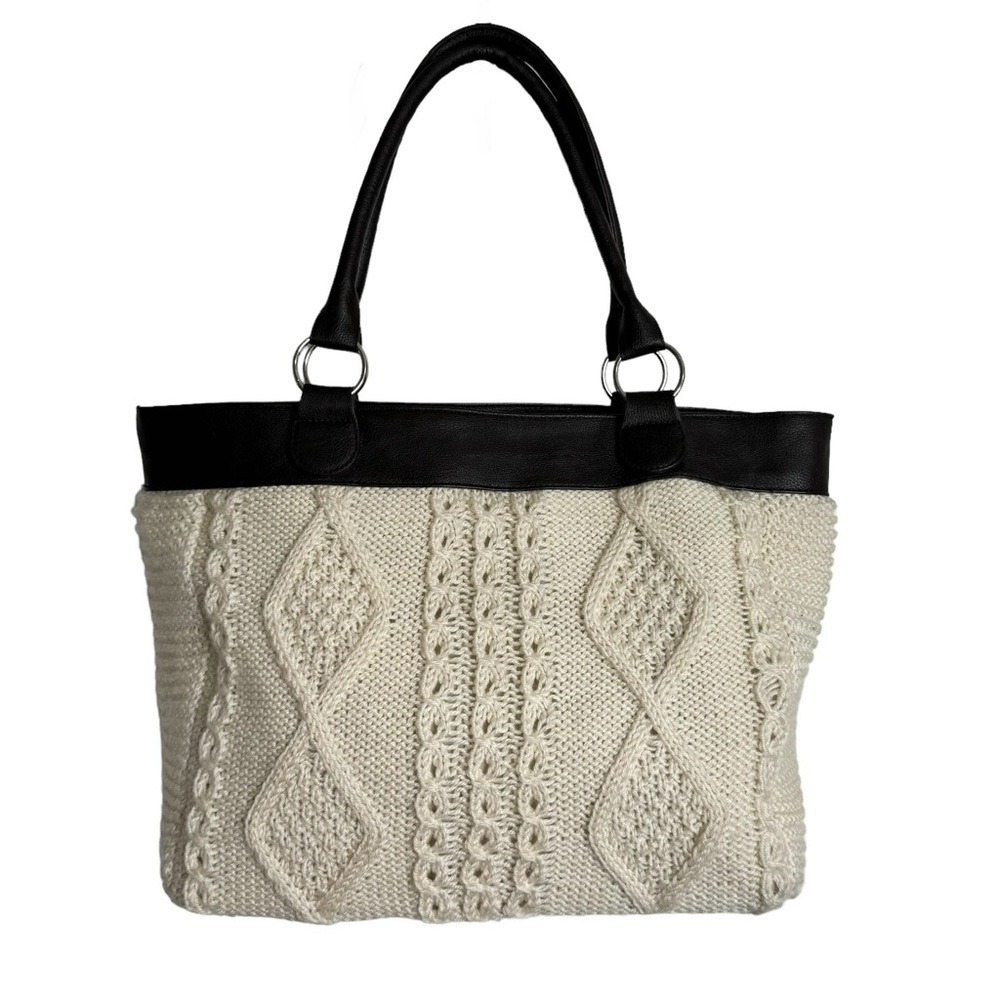 4/$40 Sweater Knit‎ Faux Leather Cream Knit Sweater Medium Tote Bag